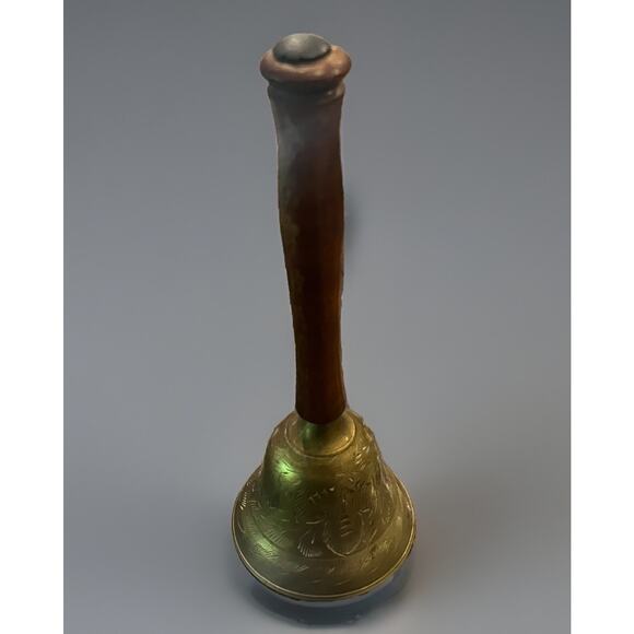 VTG Hand Held Brass w Wood Handle School Dinner Bell 9" India Signal Etched NICE - Picture 2 of 12